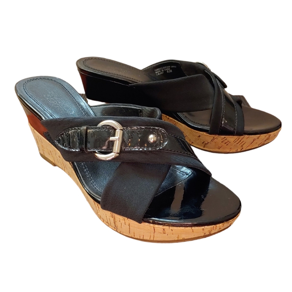 Franco Sarto Black Cork Wedge Heel Slip on Sandals with Buckle Size 8.5